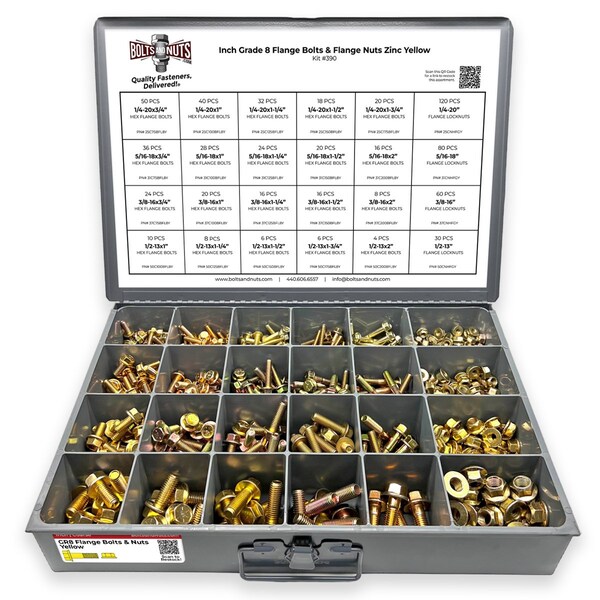 Boltsandnuts.Com Inch Grade 8 Hex Flange Bolts & Flange Lock Nuts Zinc Yellow Assortment - 693PCS Assortment Kit #390 - main